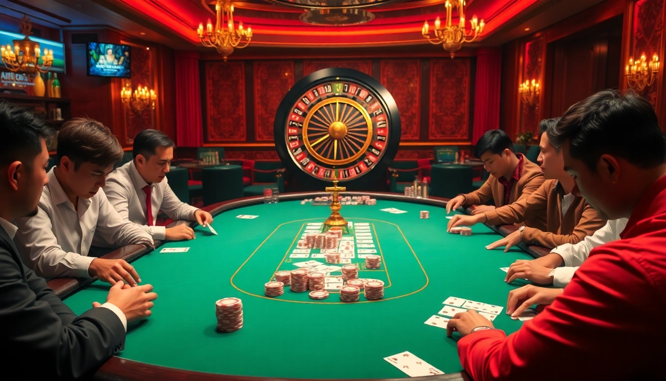 Engage with the exciting atmosphere of nhà cái uu88 at a high-stakes poker table, showcasing vibrant action.