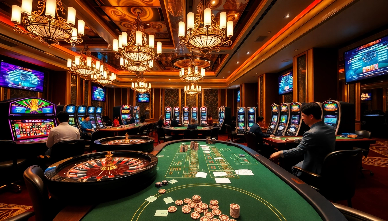 Engaged players at go99.jp.net enjoying poker and roulette in a luxurious casino setting.