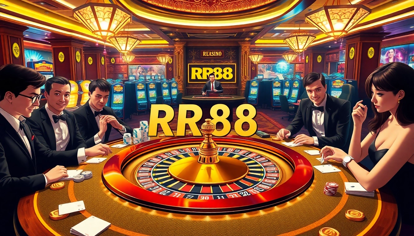 Experience the excitement of gambling at RR88’s luxurious casino, showcasing roulette and poker.