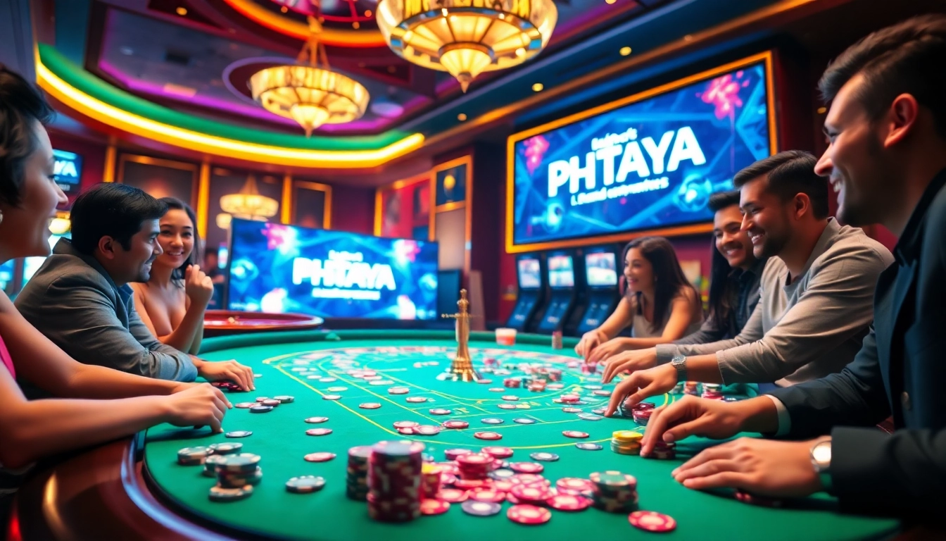 PHTAYA players enjoying immersive experiences at a vibrant casino table filled with chips and cards.