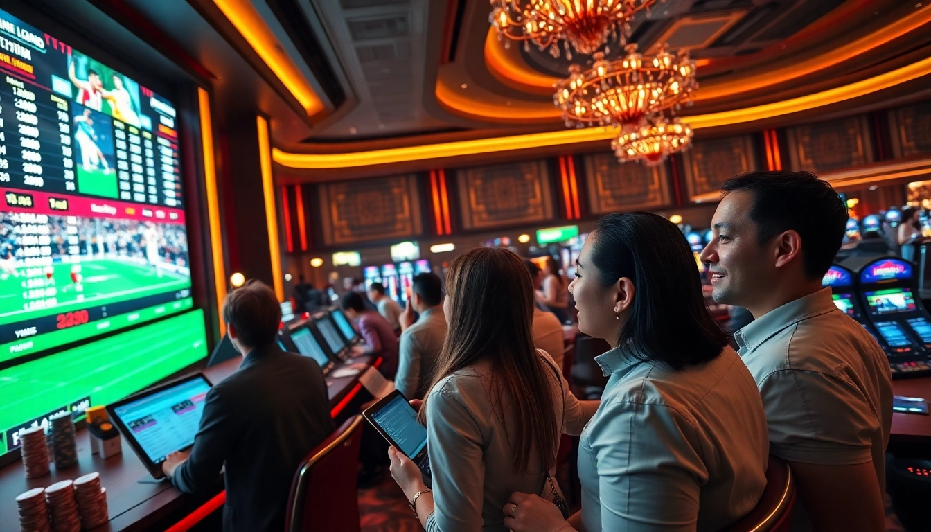 Kèo bóng đá nhà cái displayed on a vibrant sports betting board in a lively casino.