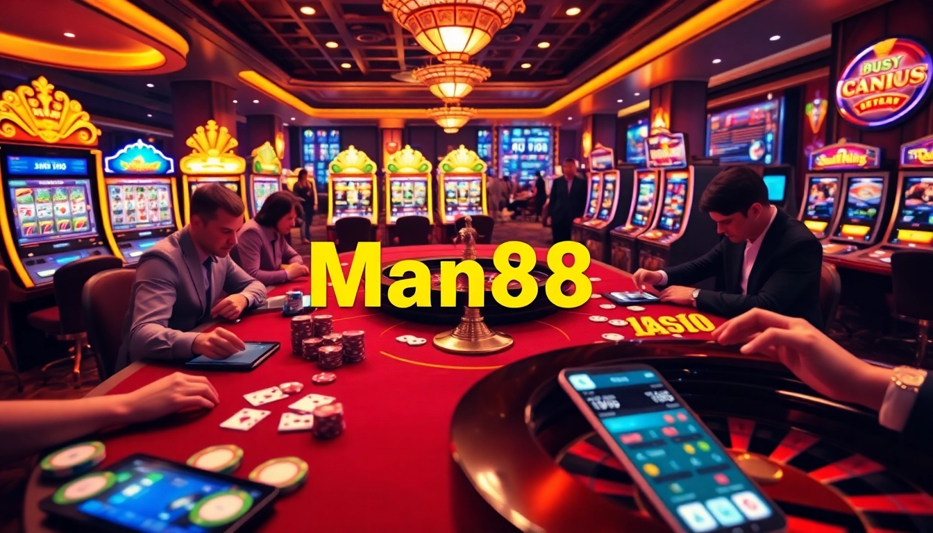 Experience the thrill of gambling with Man88 at a vibrant casino table featuring poker chips and roulette wheel.