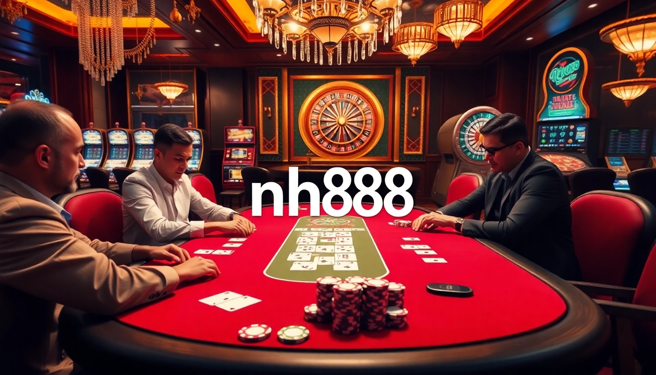Action-packed poker scene at a luxury casino featuring nh88 chips and cards.