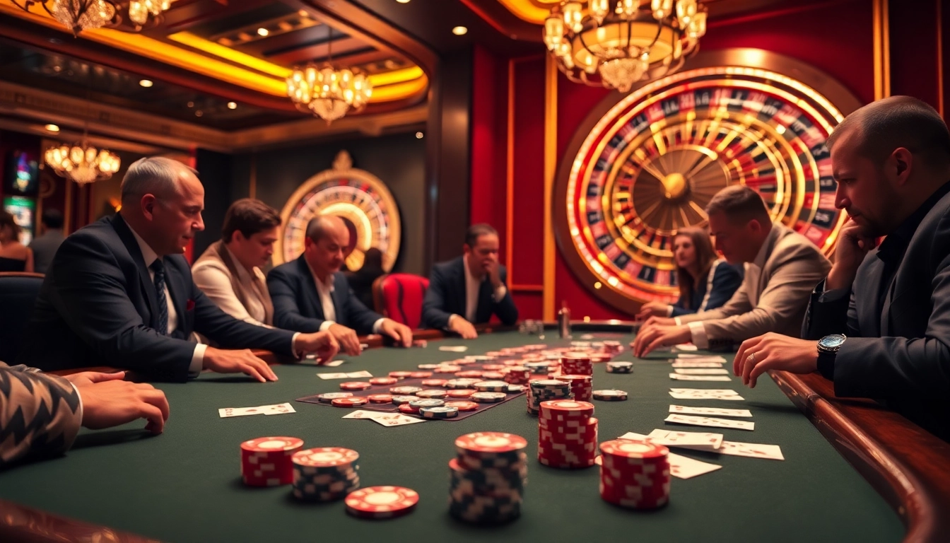 Intense poker game at https://gemwin.blog/ with vibrant chips and focused players creating a thrilling casino atmosphere.
