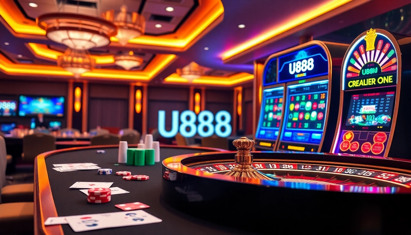 Experience thrilling gameplay at U888 with casino tables, slots, and vibrant lights.