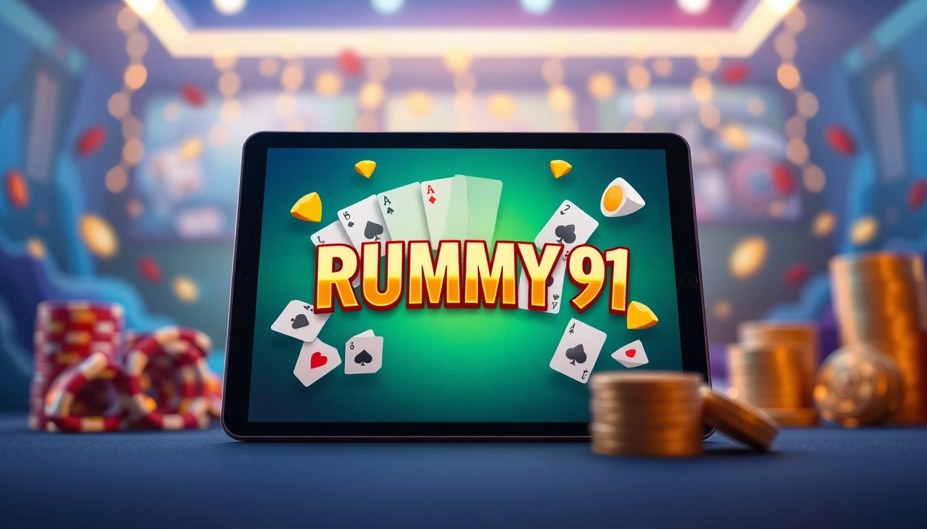 Experience the excitement of Rummy 91 with a dynamic card game scene, showcasing vibrant colors and engaging digital gameplay.