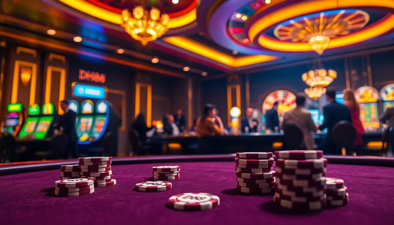 Experience the thrill of gambling with DH88-themed poker chips at a vibrant casino table.