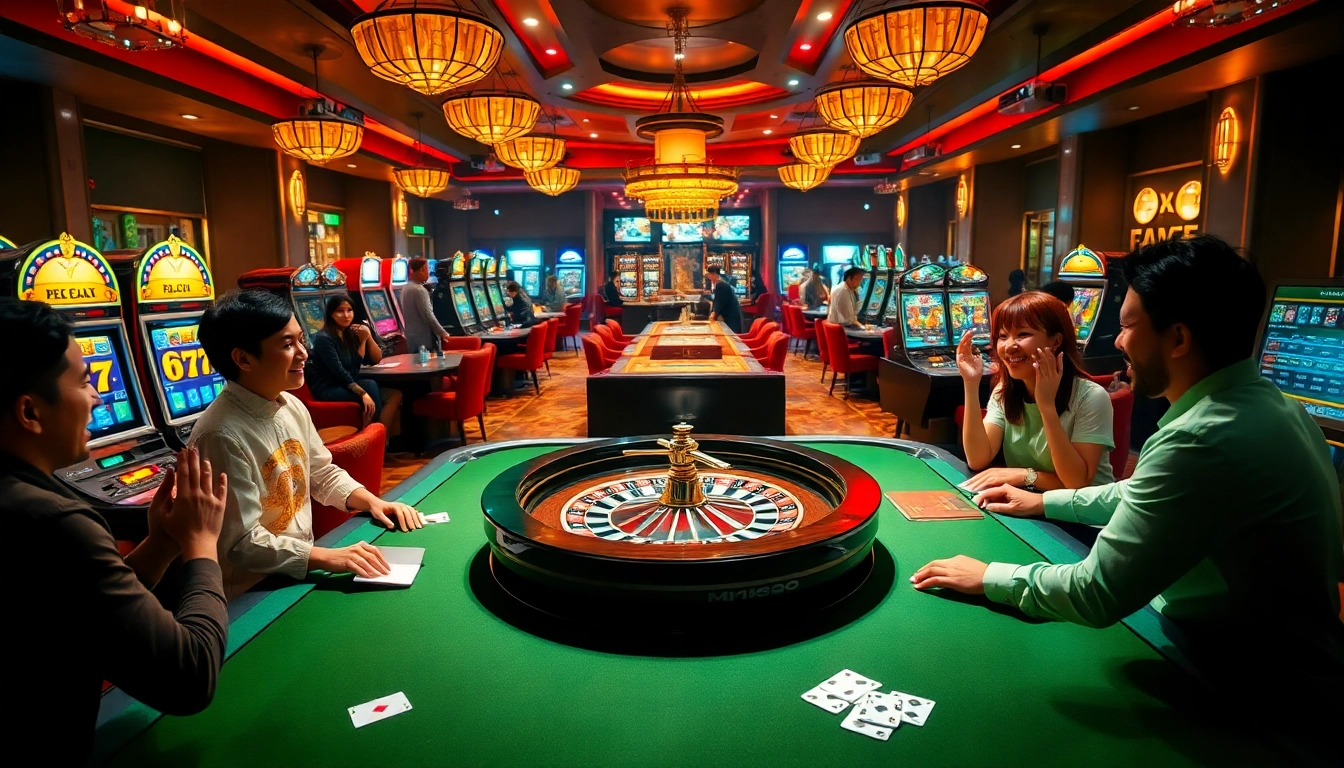 MM88 players engaging with vibrant slot machines and poker tables in a luxurious casino atmosphere.