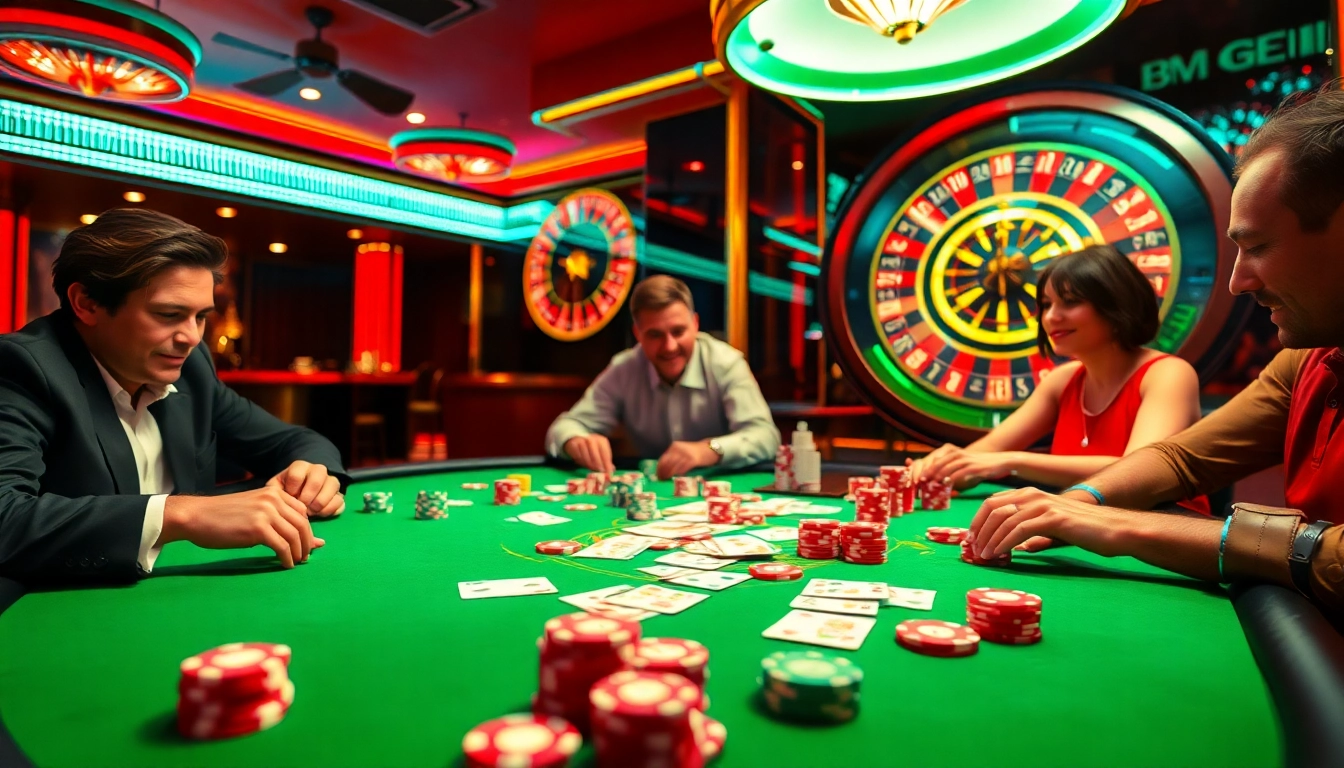 B52club players experiencing the excitement of a poker game in a vibrant casino scene.