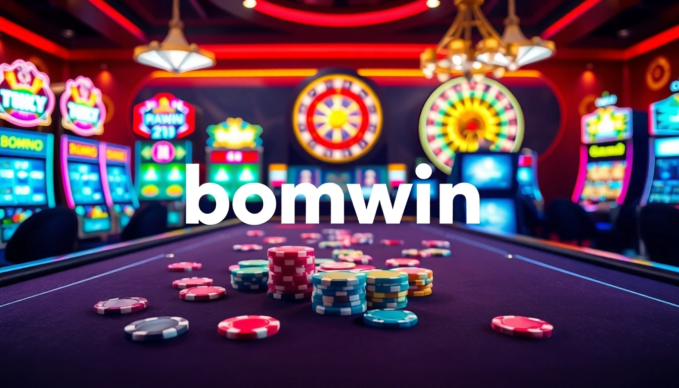 Experience excitement with bomwin at a vibrant casino scene showcasing poker and slot games.