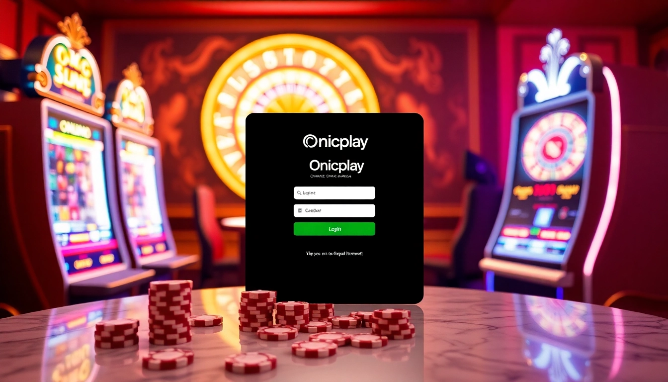 Experience seamless Onicplay login in a luxurious casino scene filled with vibrant slot machines and poker chips.