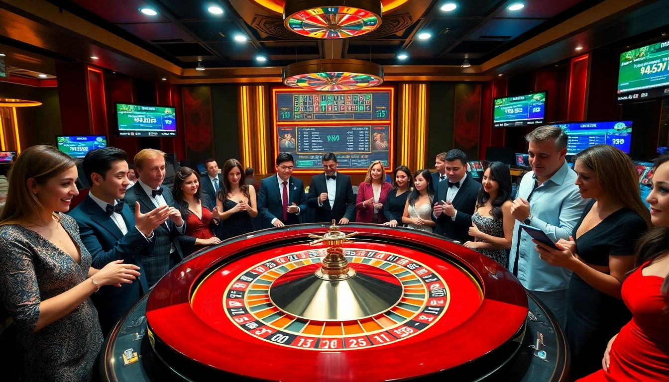 Gamble at Nhà cái OKKING with vibrant roulette and excited players in a luxurious casino.