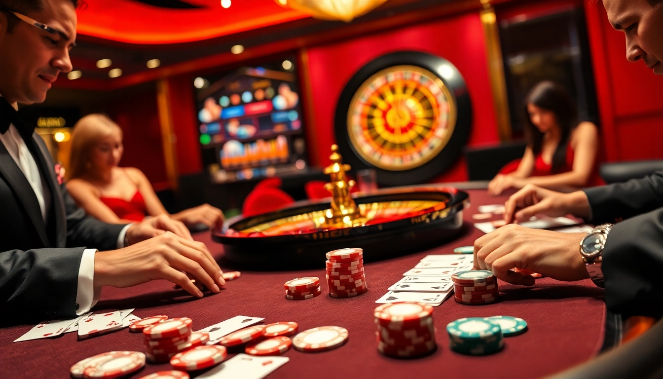Engaged players at a luxury casino poker table experiencing the thrill of 66 king88 in action.