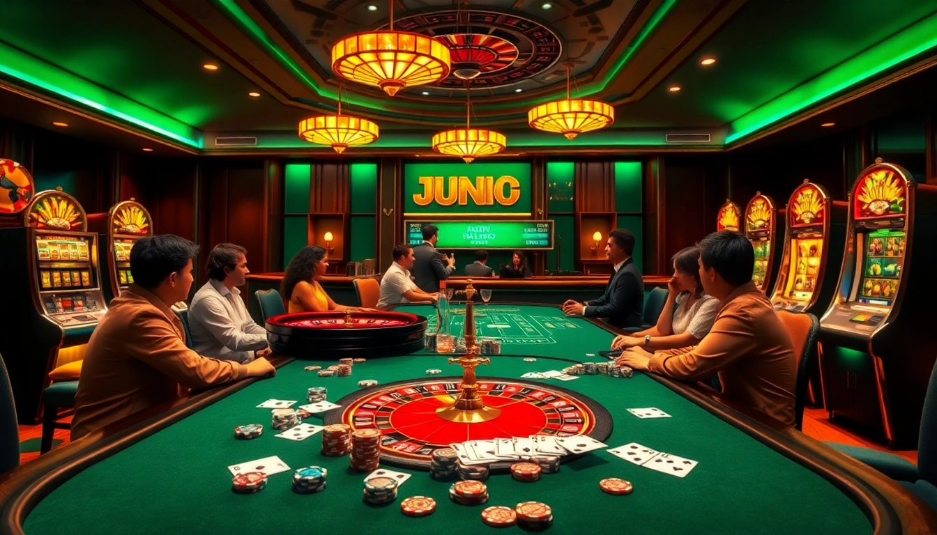 Experience thrilling gameplay at jun88 com with luxurious casino tables and vibrant slot machines.