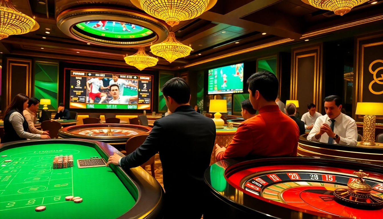 Engaging in แทงบอลโลก betting at a luxurious casino with professional dealers and vibrant gaming tables.