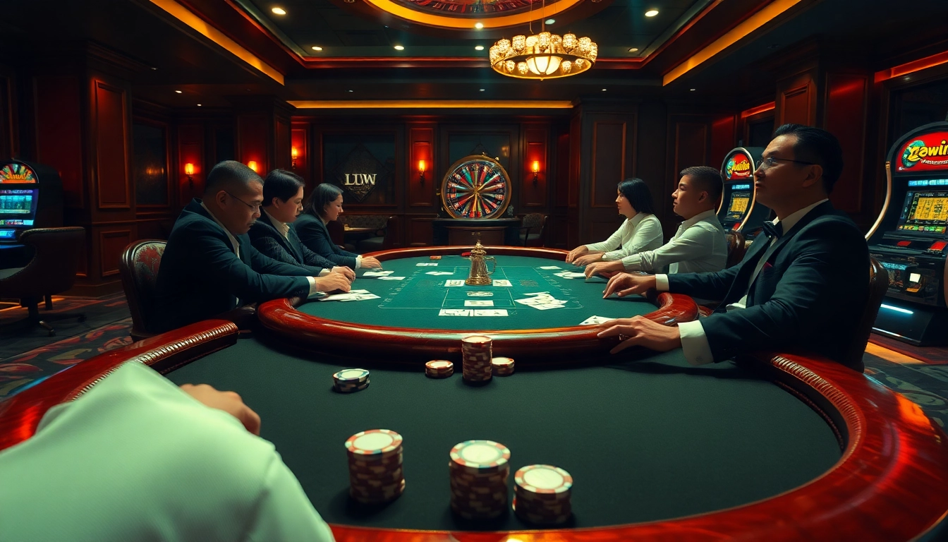 Experience the thrill of online gambling at https://kuwinblog.com/ with a luxurious poker game scene.