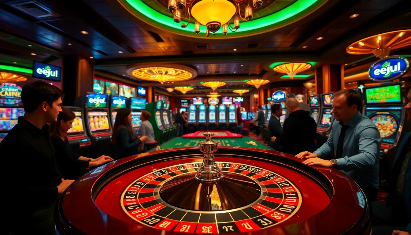 Engaging casino scene with players at a roulette table and eejl gaming interfaces.