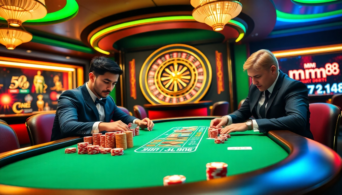 Experience the exciting world of nhà cái mm88 with dynamic poker action at a lavish casino table.