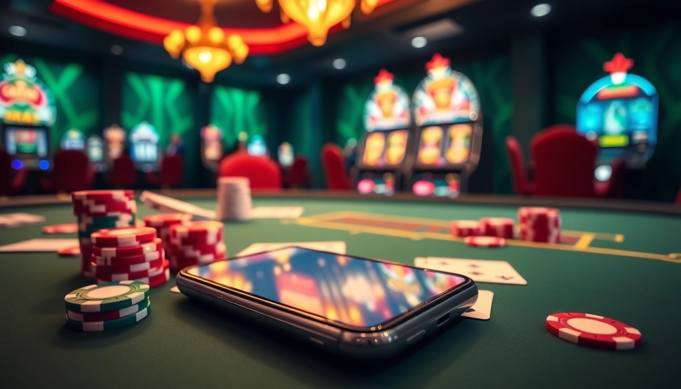 Experience an exciting casino atmosphere featuring the okwin app on a smartphone surrounded by chips and cards.