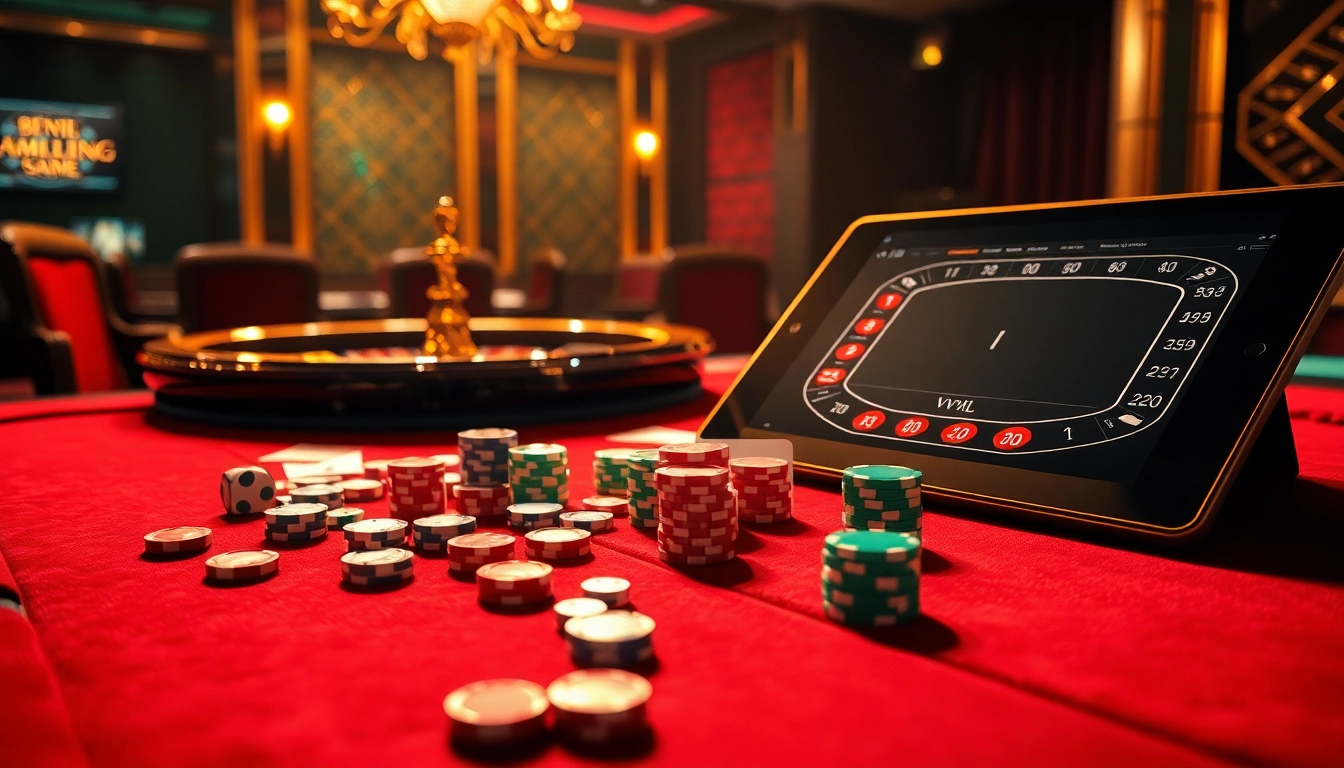 Excited players engage with vvjl casino games at a luxurious gaming table filled with colorful chips and cards.