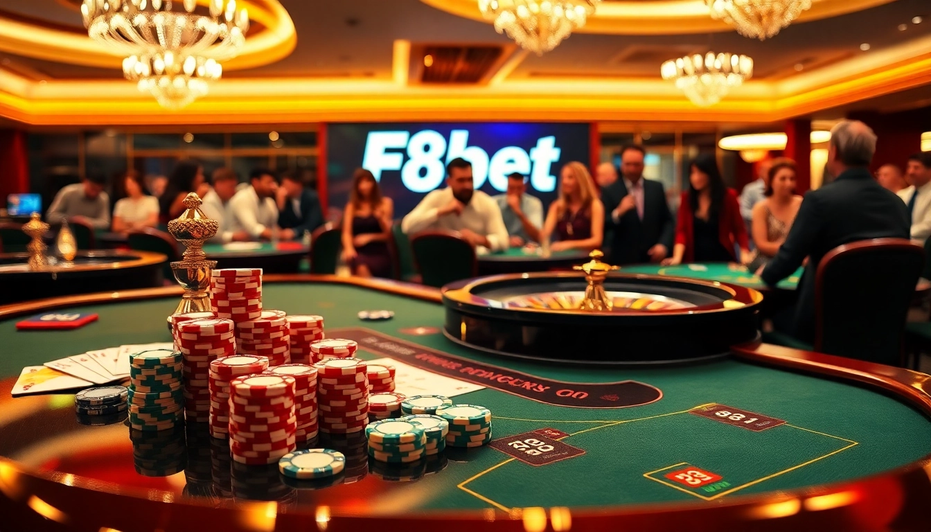 F8bet-themed casino table with vibrant chips and cards, evoking excitement.