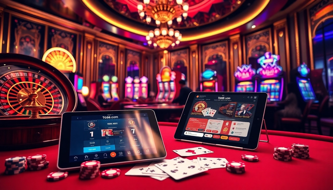 Exciting casino atmosphere with poker players and tg88.com on a tablet, showcasing games and luxury.