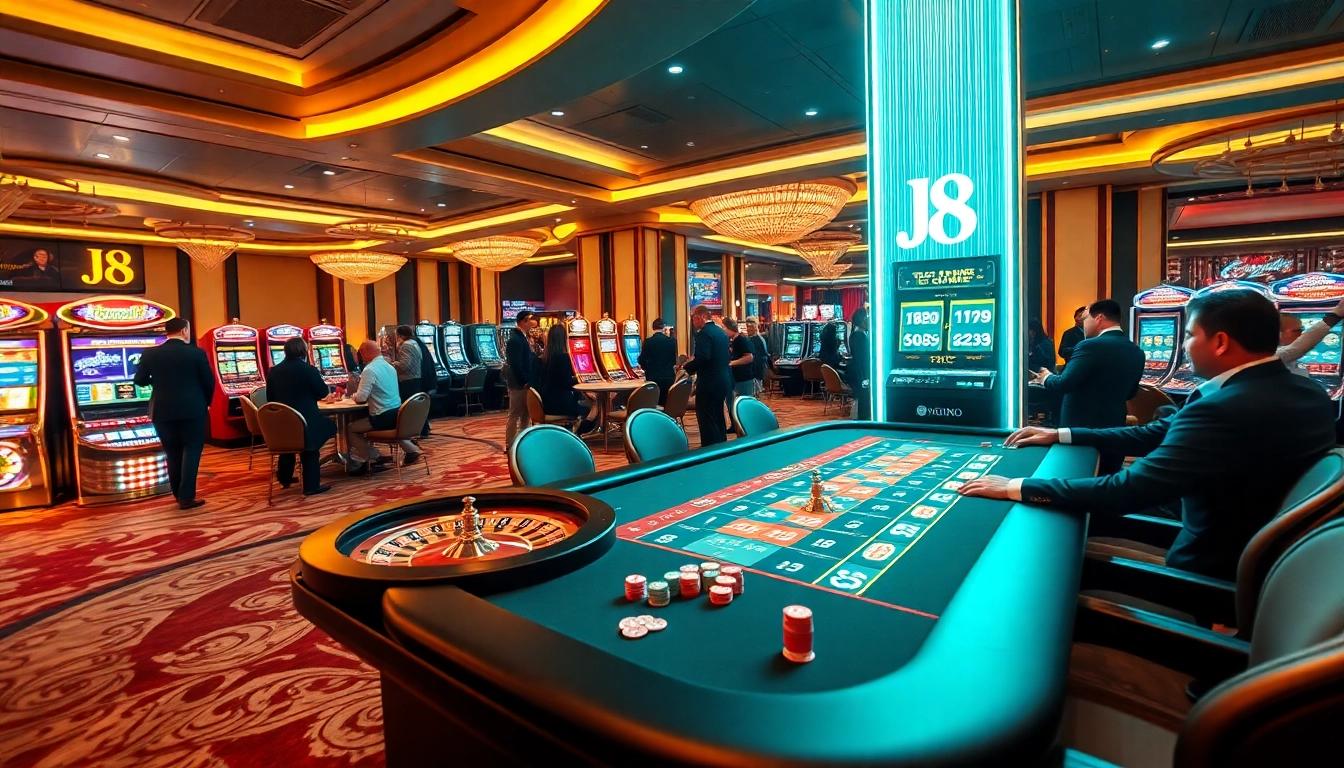 Experience thrilling gaming action at J8, featuring a modern casino atmosphere with vibrant tables.