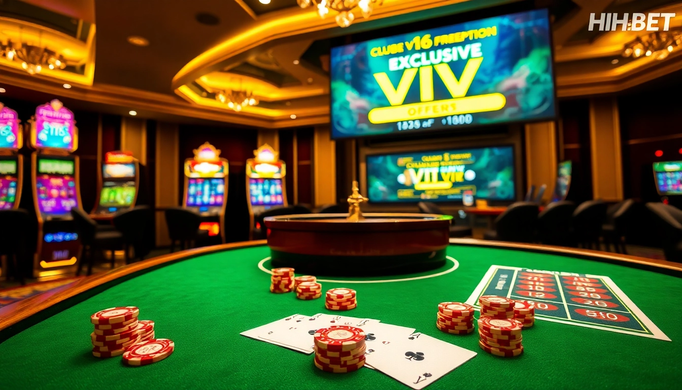 A vibrant scene at Clube VIP HHBET casino showcasing luxurious slot machines and exclusive poker offers.