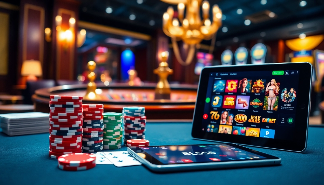 Playing at the table with high-stakes poker chips and showing https://bl555.link/ interface for online gambling.