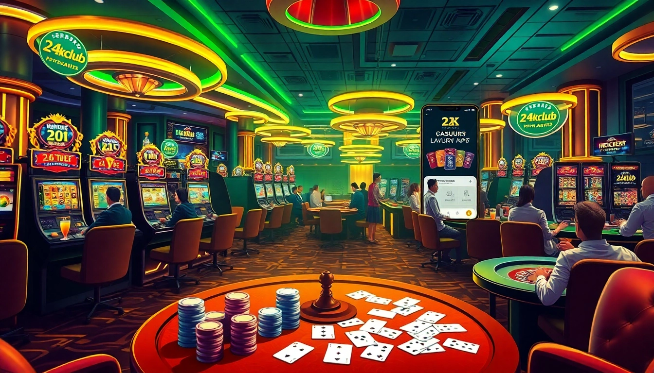 The 24kclub app showcased in a vibrant casino scene with players engaged in slot machines and table games.