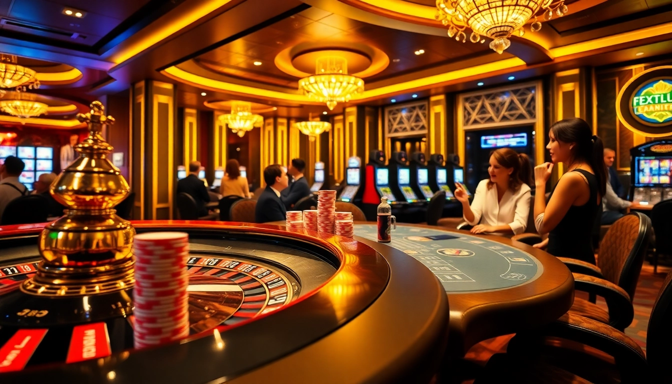 Trải nghiệm sự hứng khởi của 24kclub với hình ảnh casino sống động gồm roulette, chip poker và người chơi tương tác.