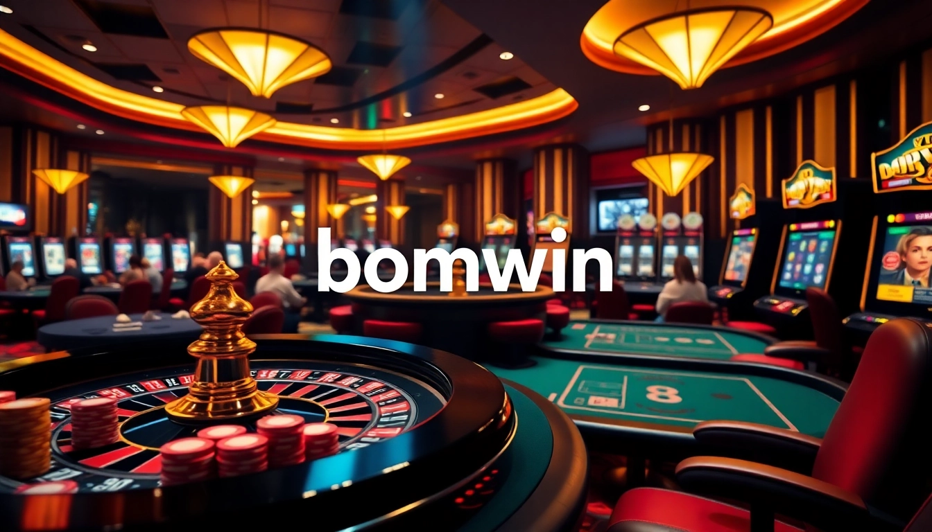 Experience the excitement of online gambling with Bomwin, featuring vibrant gaming tables and slot machines.