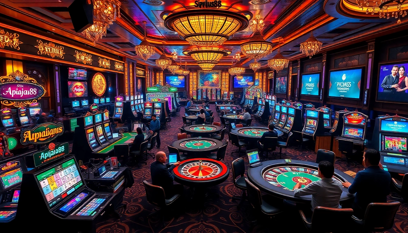Situs apiraja88 slot machines and roulette tables filled with excited players in a luxurious casino setting.
