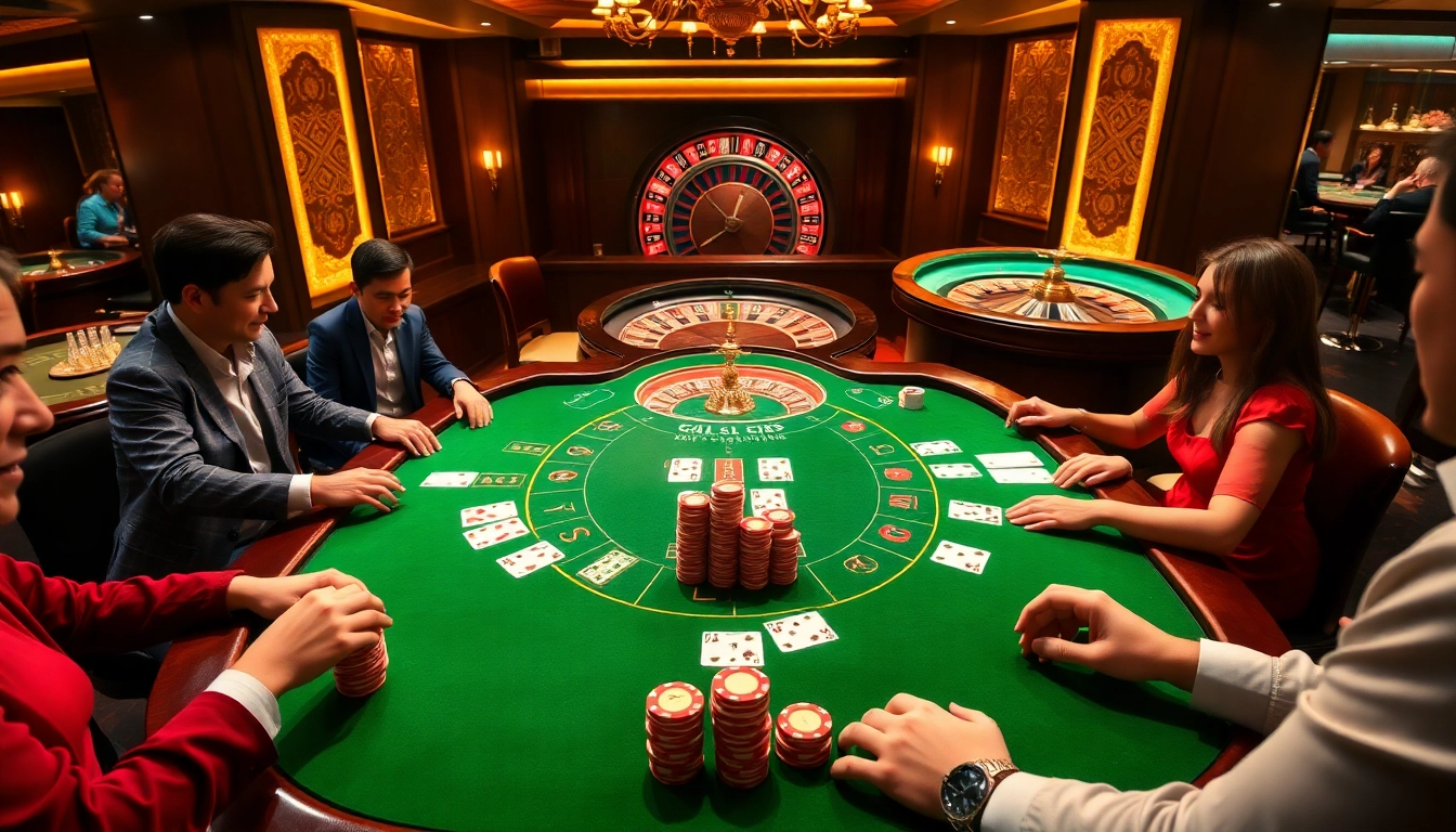 Excited players engaging in 789club tài xỉu action at a luxurious casino table.
