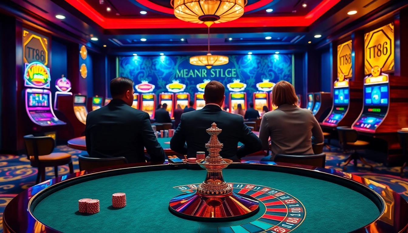 Vt88 nhà cái showcases a vibrant casino scene featuring poker players and roulette excitement.