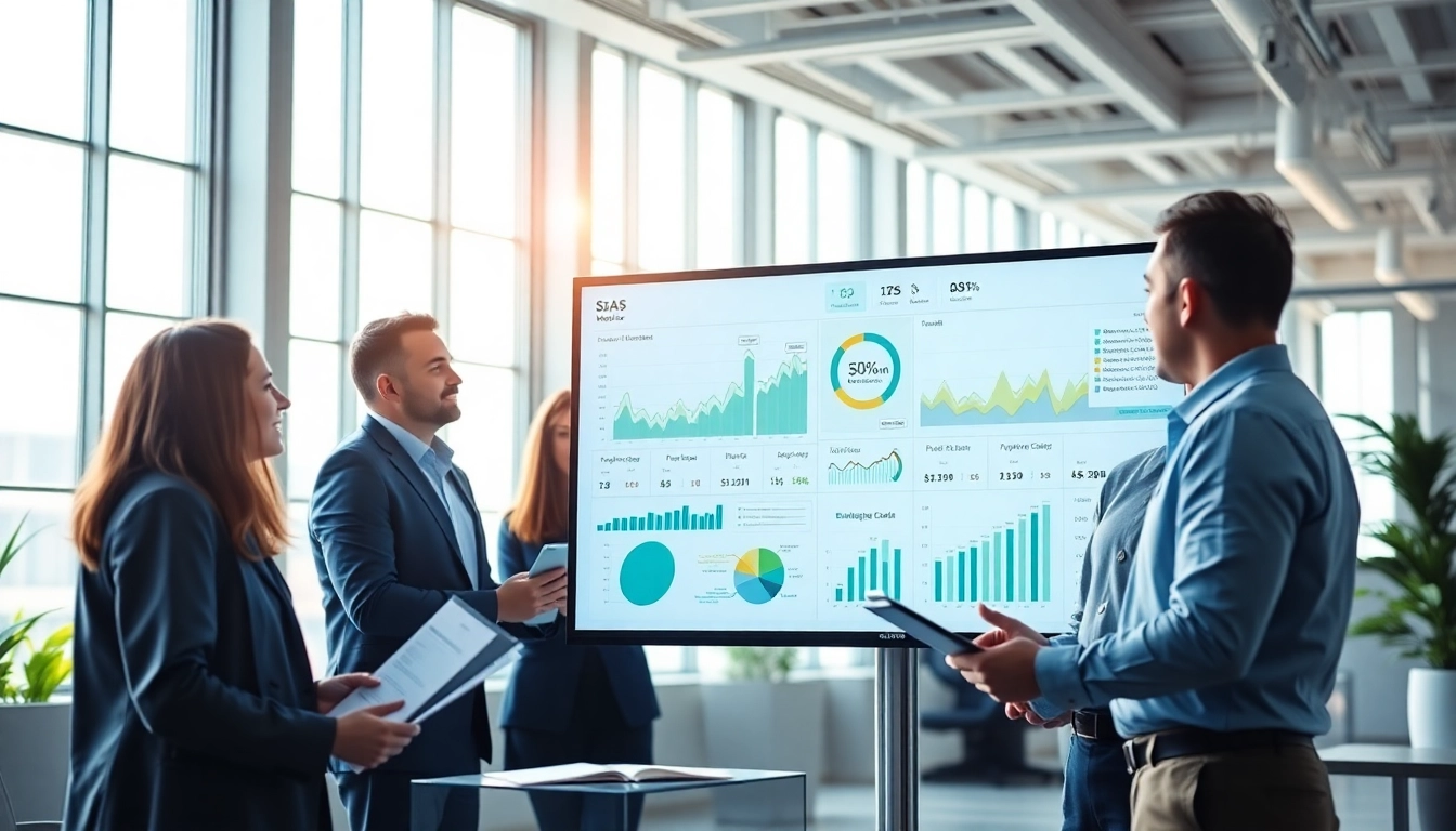 SaaS dashboard illustrating data analytics with diverse professionals engaged in discussion.