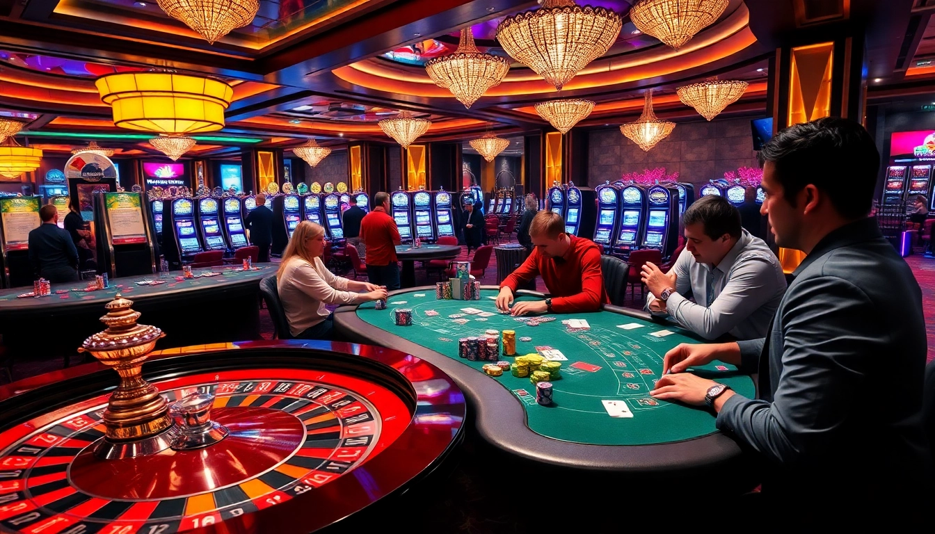 Exciting casino scene with players at NH88 roulette and poker tables, colorful chips, and slot machines.
