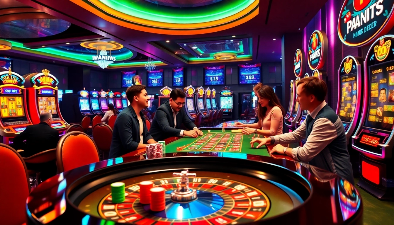 Exciting casino scene featuring online gambling elements related to https://urr88.com/ with roulette, poker chips, and slot machines.