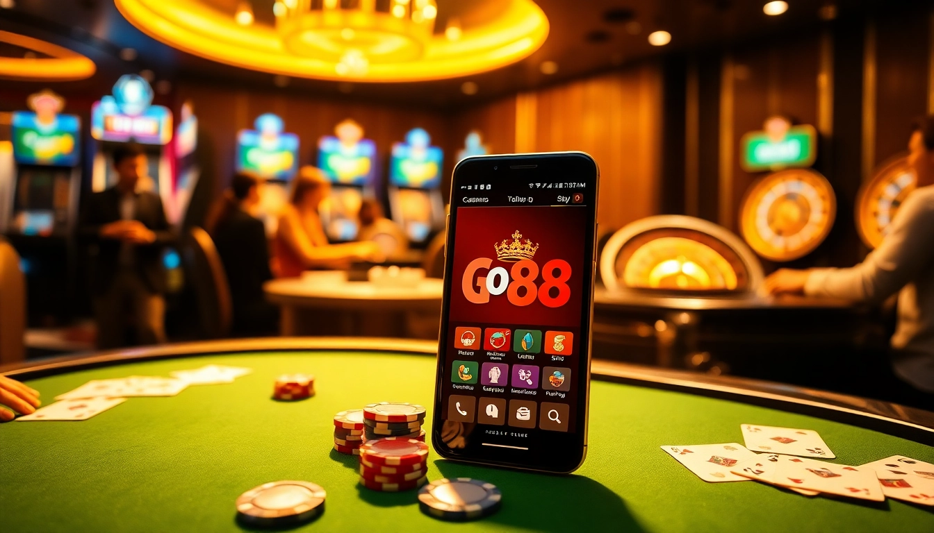 Experience the thrill of tải go88 as players enjoy poker at a vibrant casino table with a luxurious ambiance.