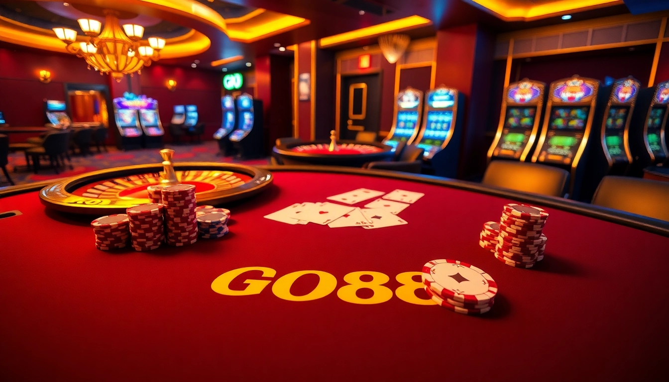 Experience the thrill of gambling at GO88 poker table with vibrant colors and high-stakes action.