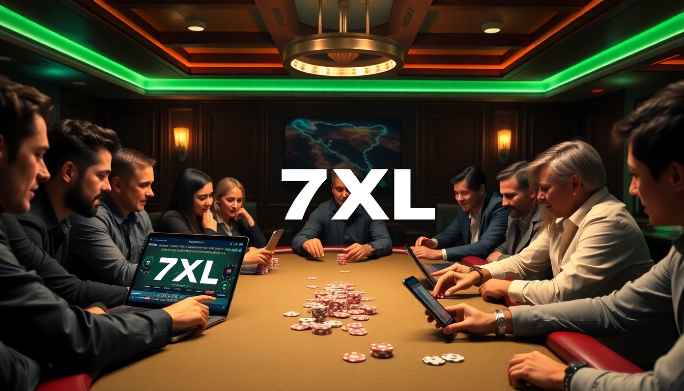 מעורבות שחקנים במשחק פוקר באמצעות מכשירים המציגים אפשרויות הורדת 7XL, משדרים אווירת קזינו מודרנית.