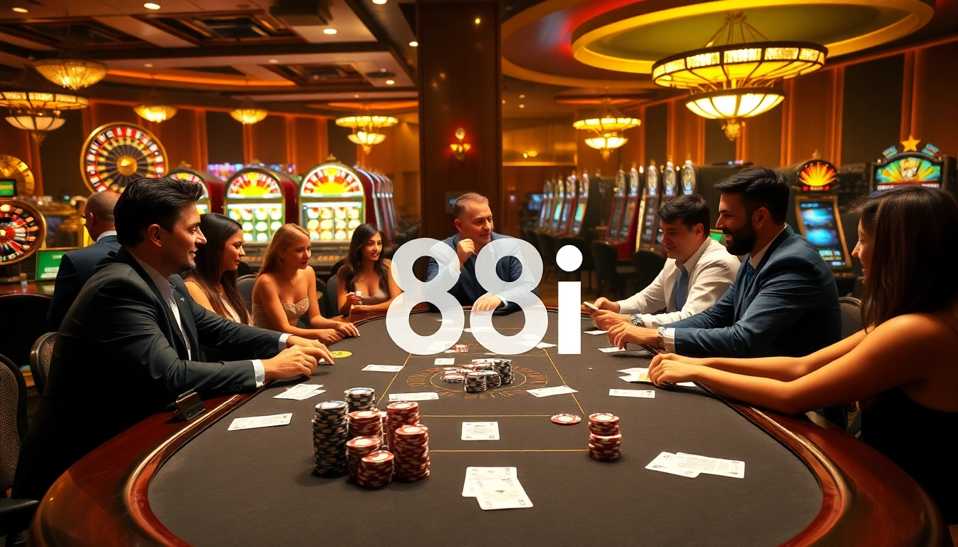 Excited players placing bets at an elegant casino table branded with 88i.