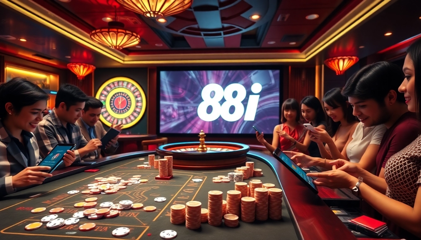 Players engaging in online gaming at a luxurious casino featuring the 88i logo.