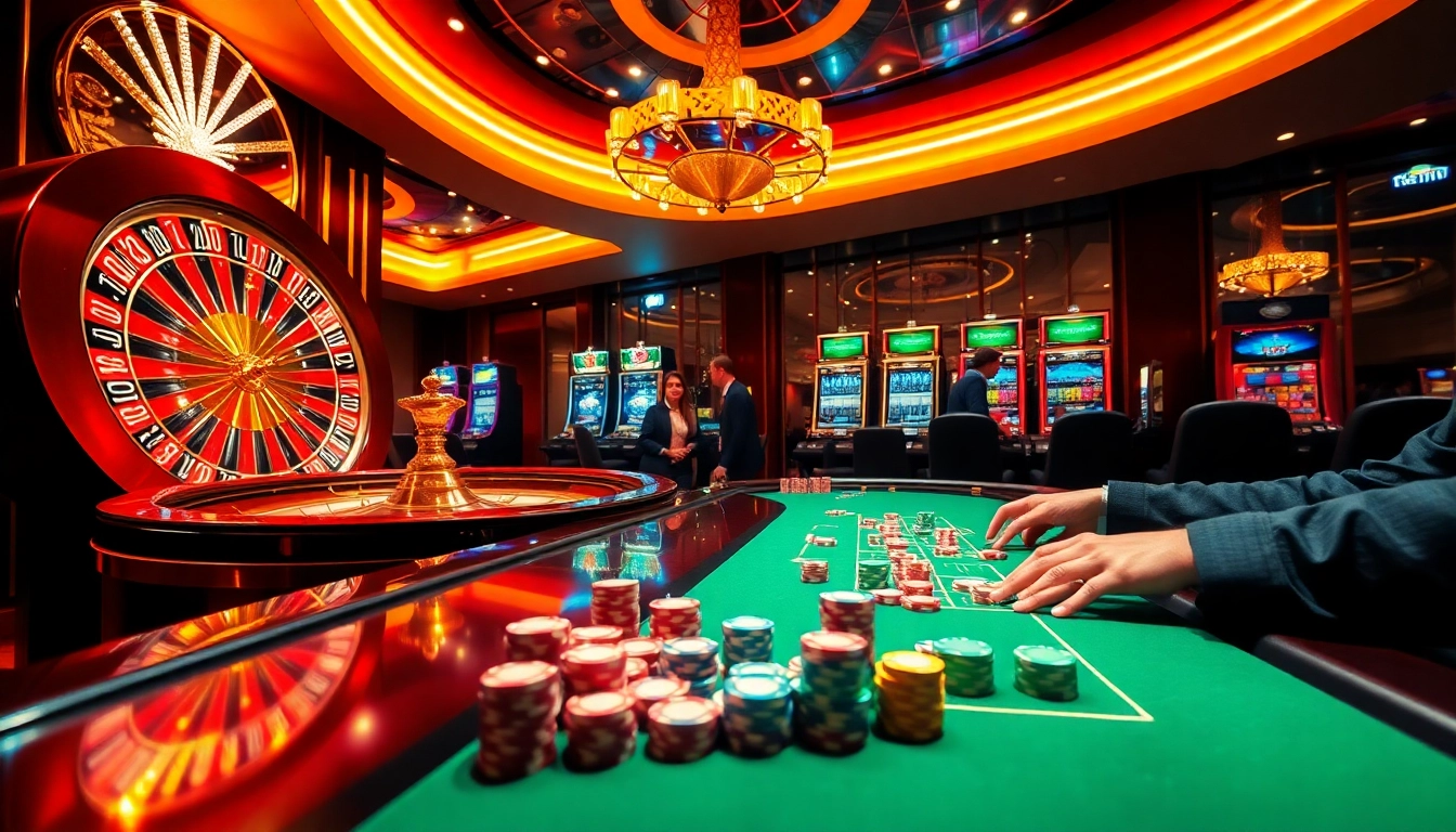 Exciting gaming action at https://www.2ph222.com/ with a vibrant casino scene, roulette wheel, and poker players.