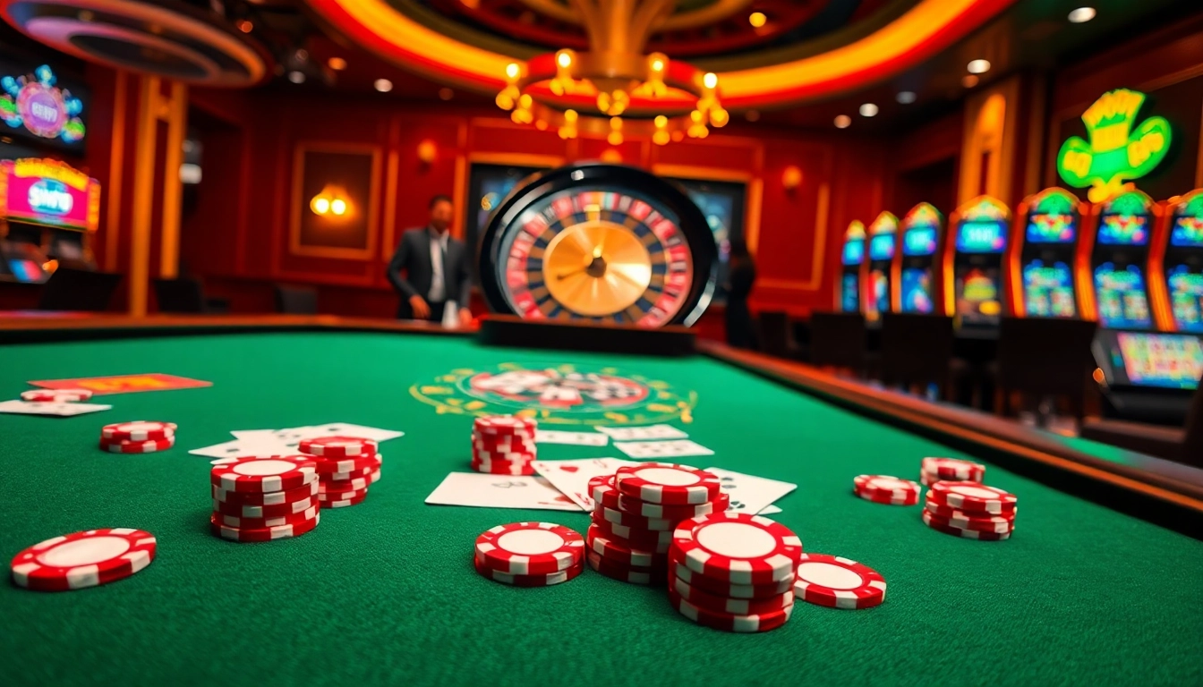 Engage in thrilling casino action at https://kuwinblog.com/ with vibrant poker chips and a spinning roulette wheel.