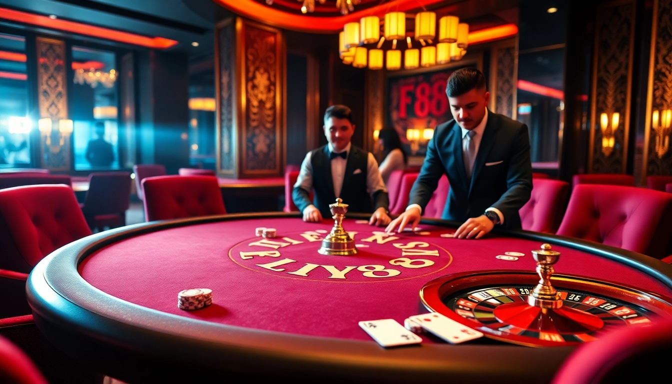 FLY88 poker table with vibrant chips and cards in an upscale casino setting.