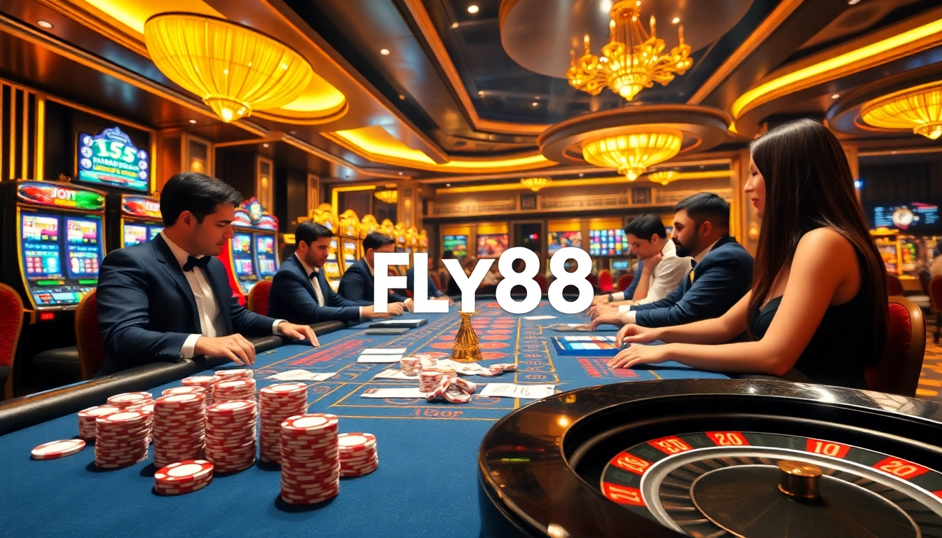 Engaging gamblers at a vibrant casino table promoting Link FLY88 with bright slot machines and poker chips.