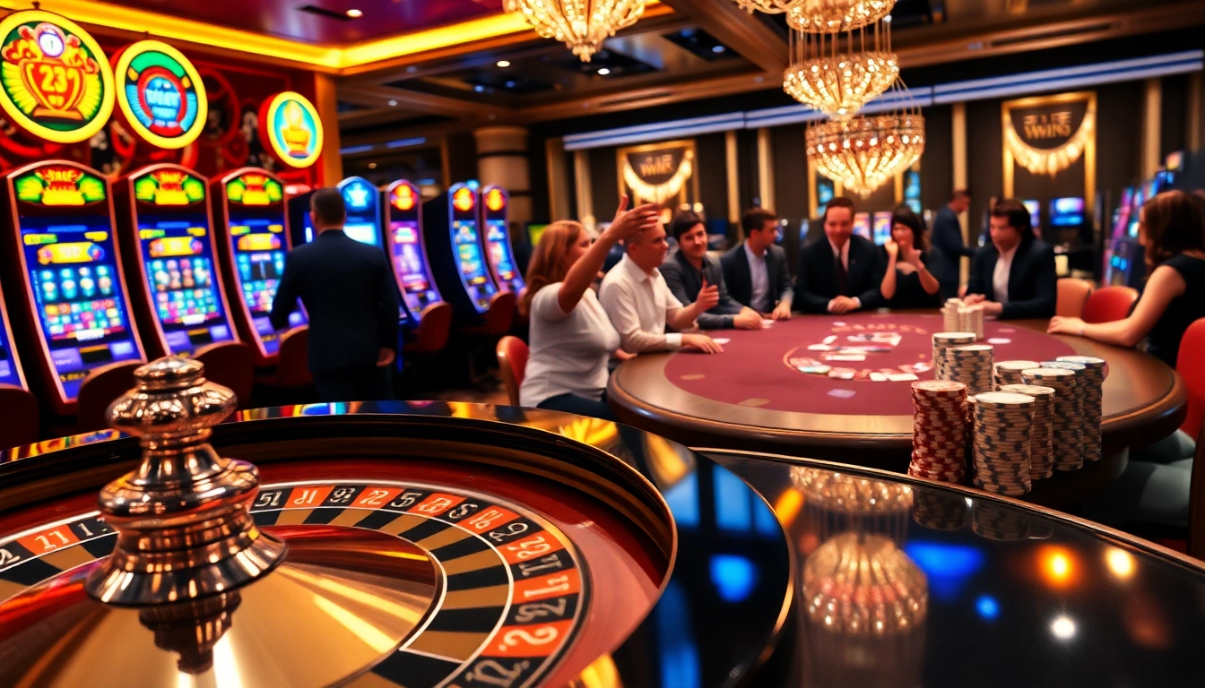 Experience the thrill of gambling at 13win with vibrant slot machines and a roulette wheel.