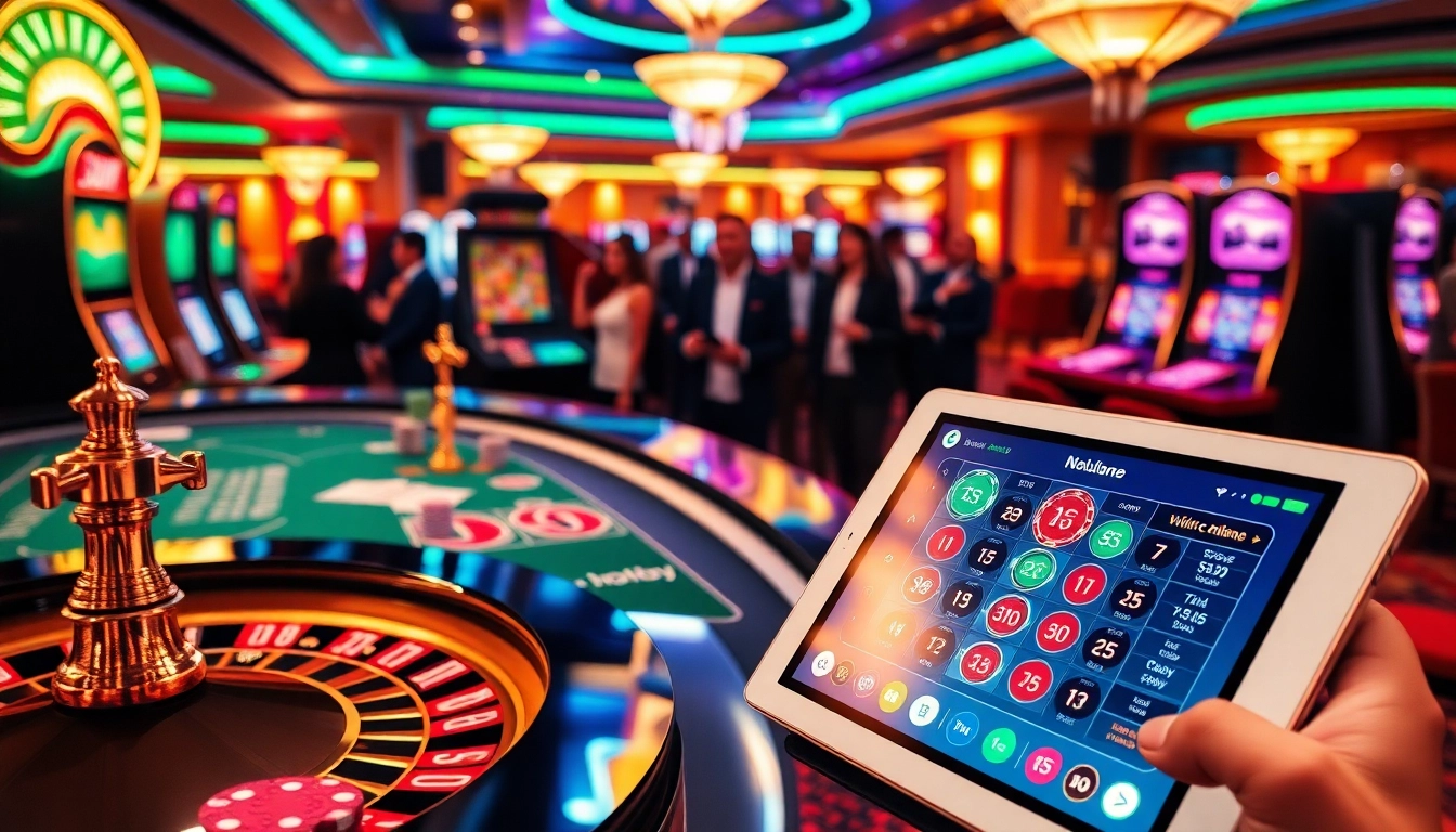 Nohu90 online casino scene featuring vibrant slot machines and an engaging roulette game.