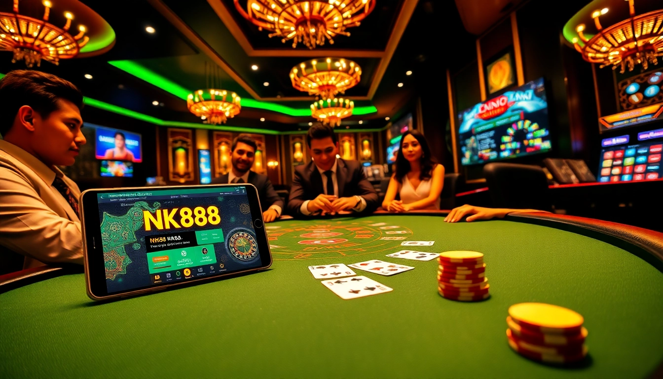 Play exciting games on NK88 like poker and roulette in a luxury casino setting.